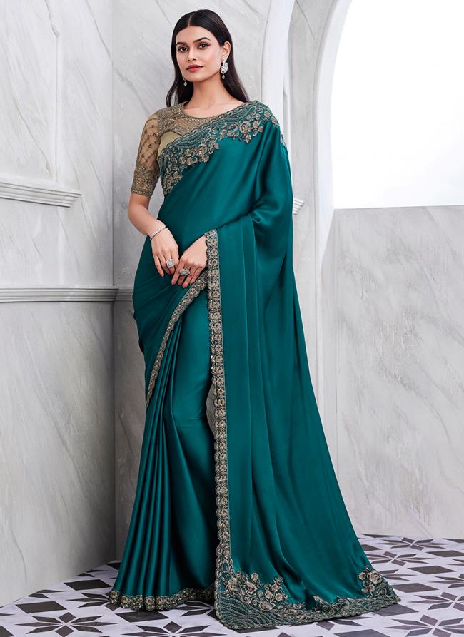 Walnut Silk Blue Party Wear Embroidery Work Saree